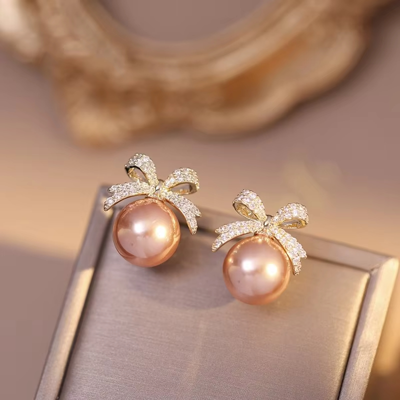 Fashion Bow Rhinestone Pearl Stud Earrings for Women Exquisite Refined Grace Gold Jewelry Wholesale