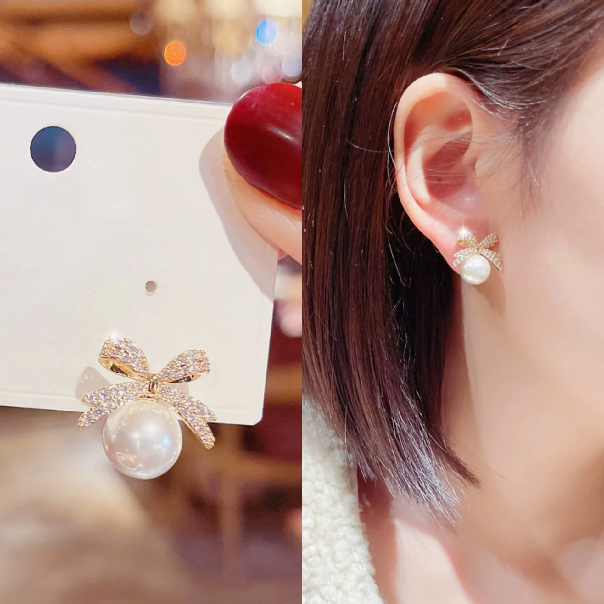 Fashion Bow Rhinestone Pearl Stud Earrings for Women Exquisite Refined Grace Gold Jewelry Wholesale
