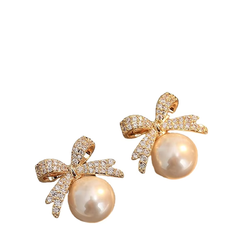 Fashion Bow Rhinestone Pearl Stud Earrings for Women Exquisite Refined Grace Gold Jewelry Wholesale