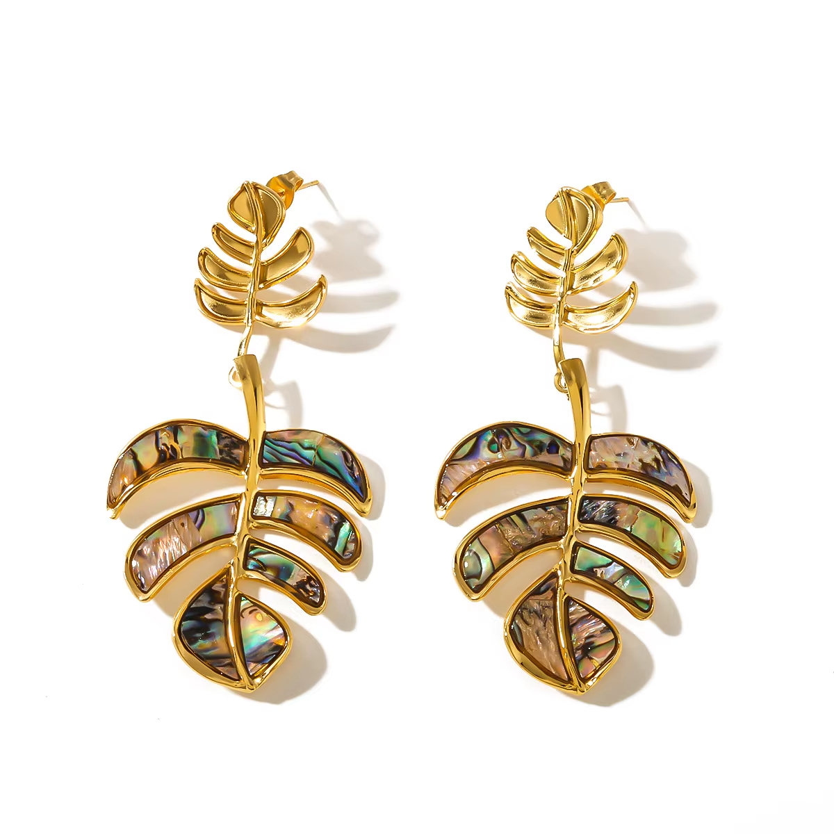 Fashion Daily Jewelry Prevent Allergy Stainless Steel Golden Natural Abalone Shell Leaf Drop Dangle Earrings