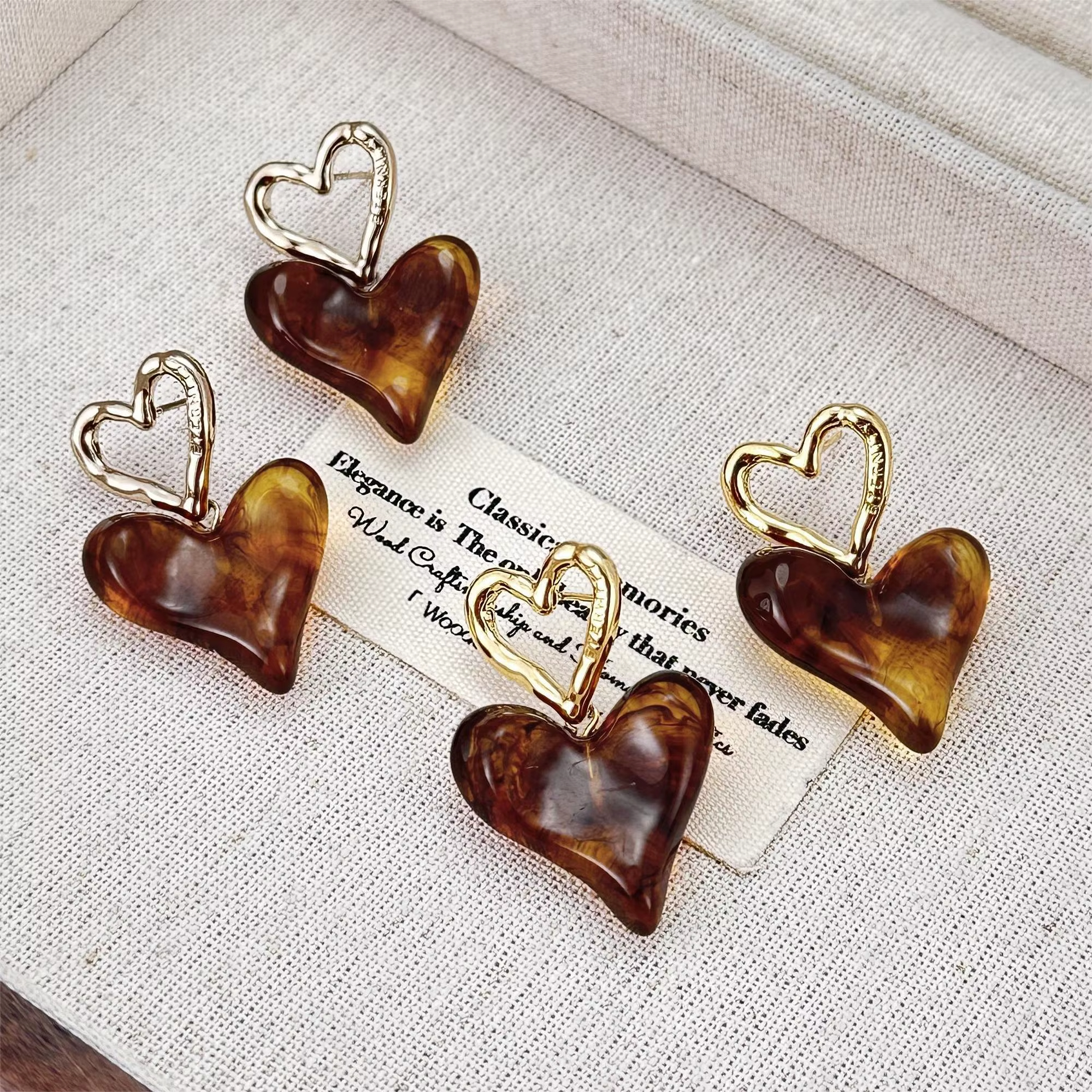 Fashion Gold Plated Heart Jewelry Earring Non Tarnish Waterproof Brass Earrings Coffee Resin Drop Earrings