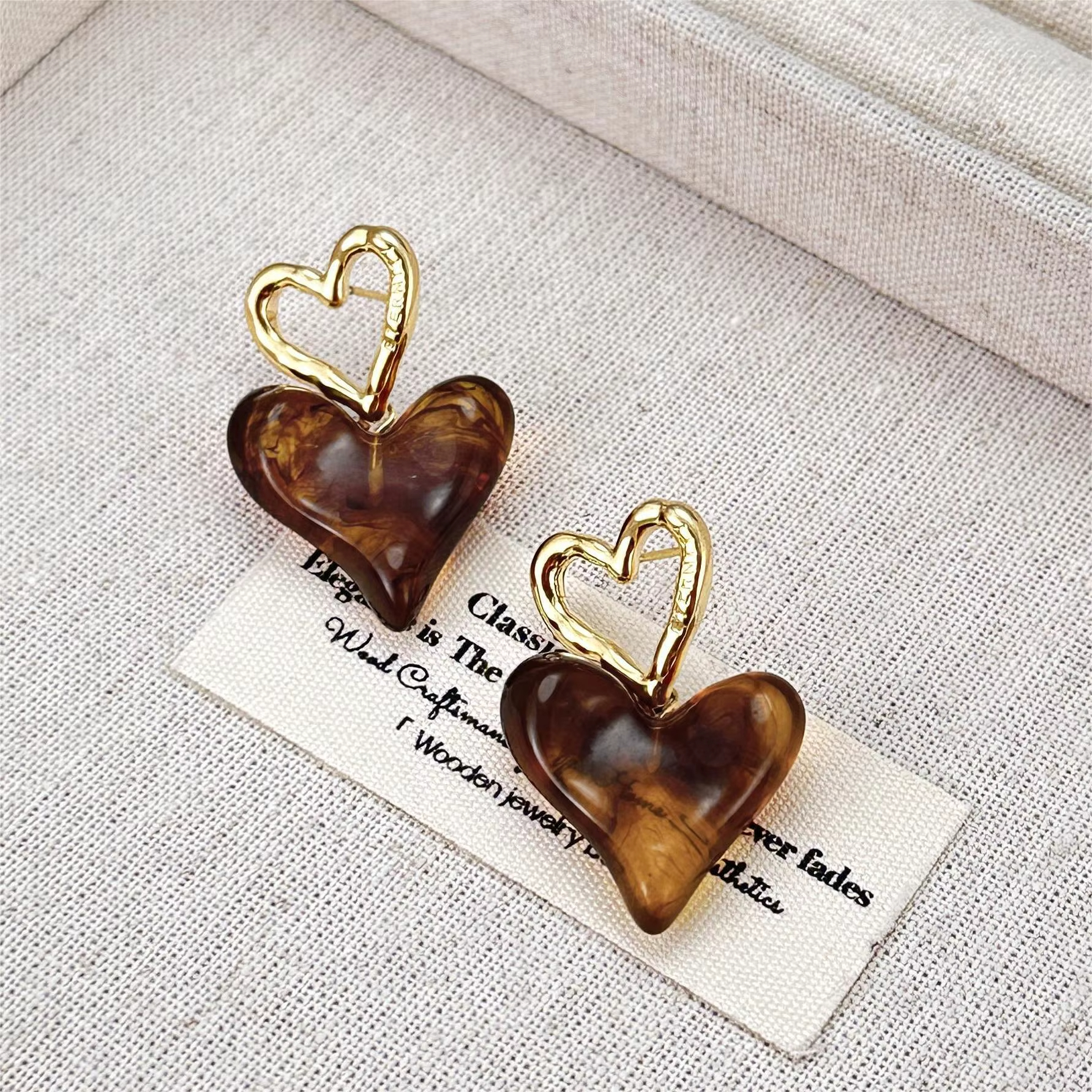 Fashion Gold Plated Heart Jewelry Earring Non Tarnish Waterproof Brass Earrings Coffee Resin Drop Earrings