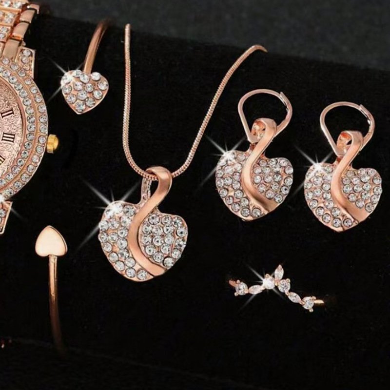 Fashion Heart Pendant Stainless Steel Jewelry Set Gold Plated Necklace Earrings Ring Bracelet Hypoallergenic Jewelry