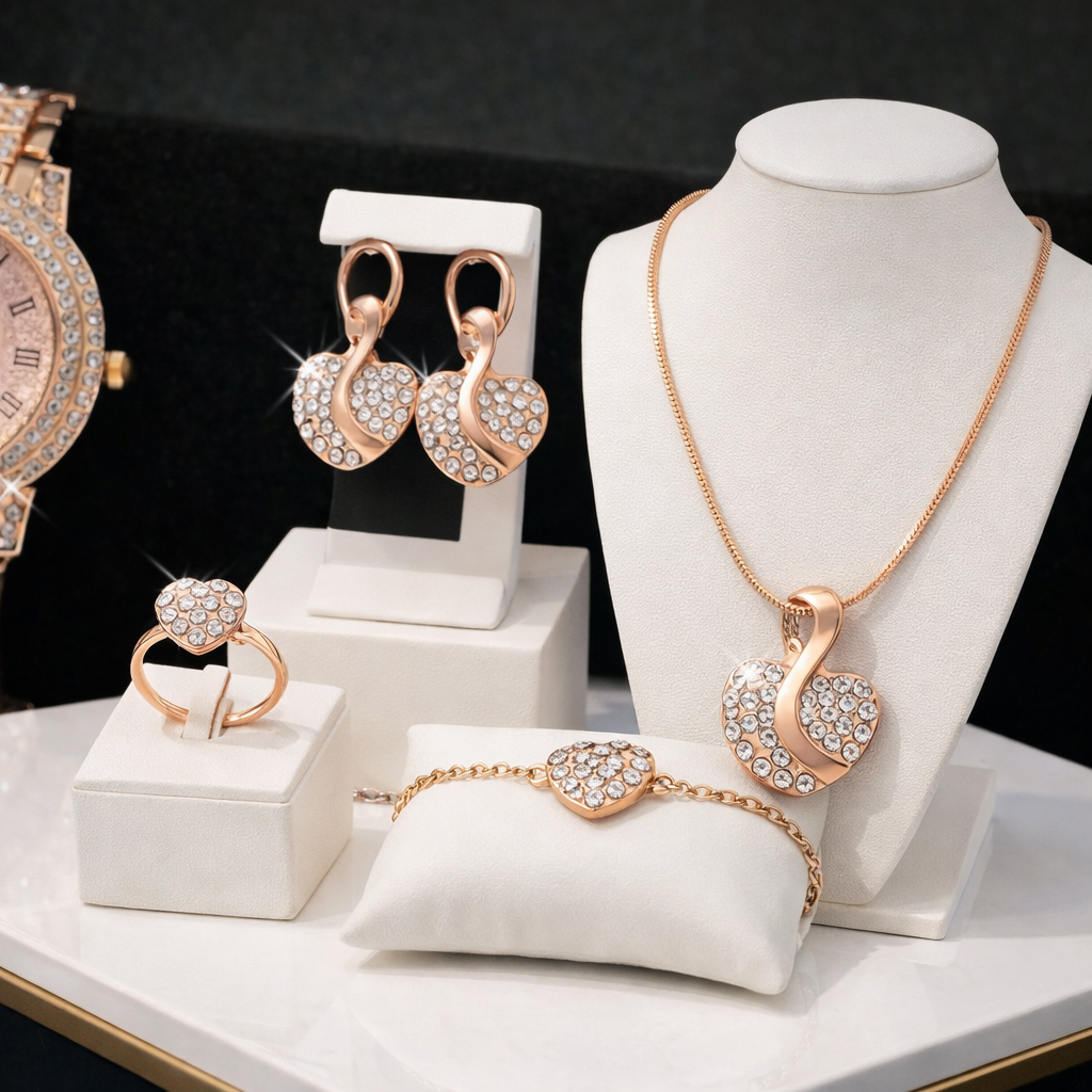 Fashion Heart Pendant Stainless Steel Jewelry Set Gold Plated Necklace Earrings Ring Bracelet Hypoallergenic Jewelry