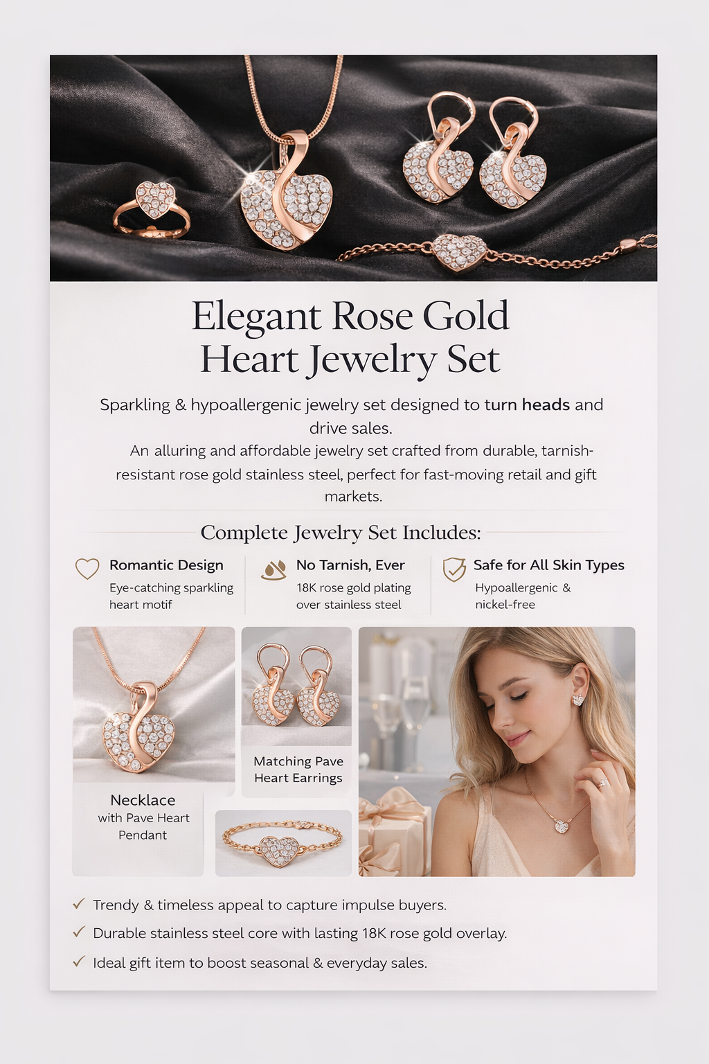 Fashion Heart Pendant Stainless Steel Jewelry Set Gold Plated Necklace Earrings Ring Bracelet Hypoallergenic Jewelry