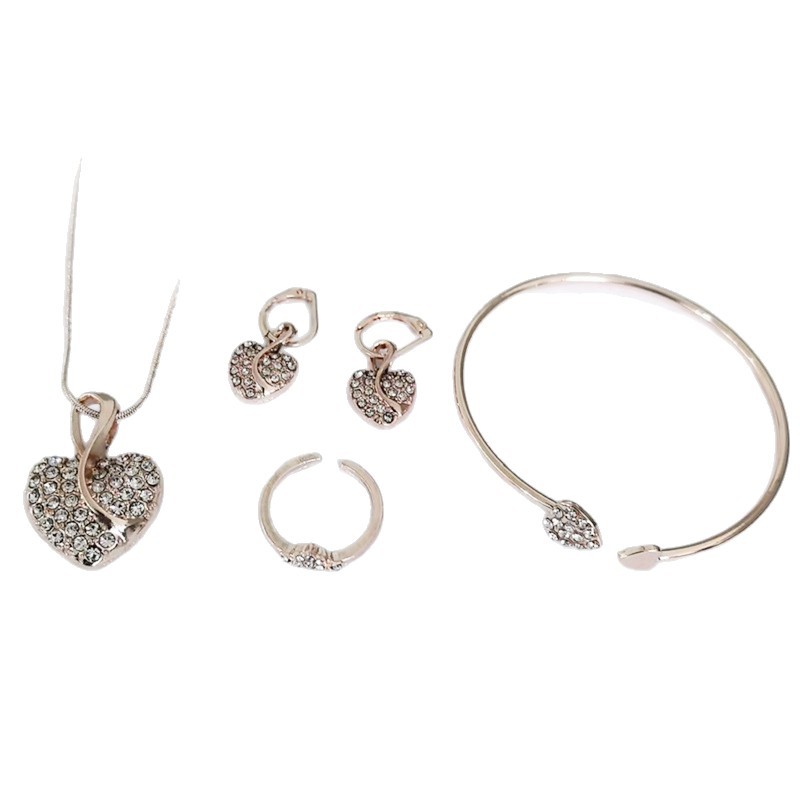 Fashion Heart Pendant Stainless Steel Jewelry Set Gold Plated Necklace Earrings Ring Bracelet Hypoallergenic Jewelry