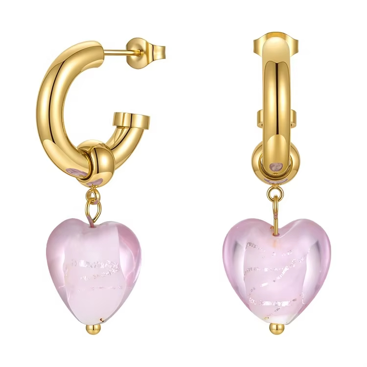 Fashion High Quality 18K Gold Plated Stainless Steel Jewelry Heart Shaped Crystal Glass Pendant Hoop Earrings E211299