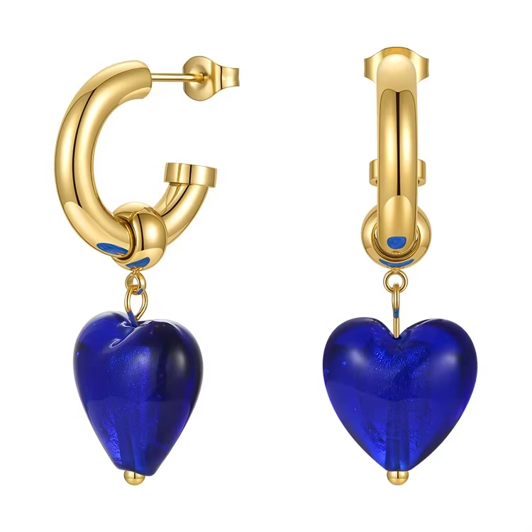 Fashion High Quality 18K Gold Plated Stainless Steel Jewelry Heart Shaped Crystal Glass Pendant Hoop Earrings E211299