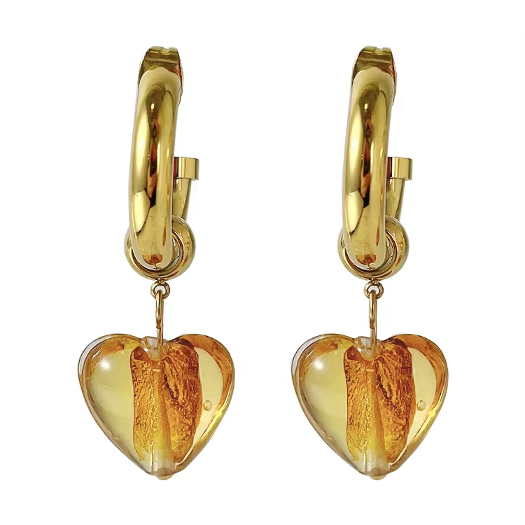 Fashion High Quality 18K Gold Plated Stainless Steel Jewelry Heart Shaped Crystal Glass Pendant Hoop Earrings E211299