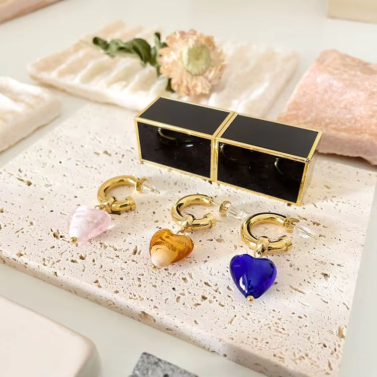 Fashion High Quality 18K Gold Plated Stainless Steel Jewelry Heart Shaped Crystal Glass Pendant Hoop Earrings E211299