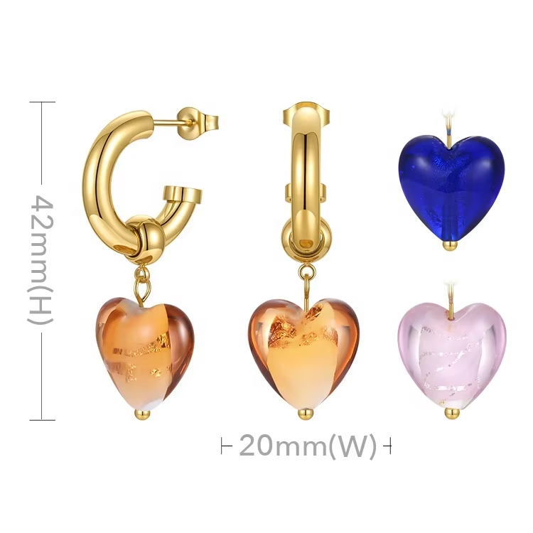 Fashion High Quality 18K Gold Plated Stainless Steel Jewelry Heart Shaped Crystal Glass Pendant Hoop Earrings E211299