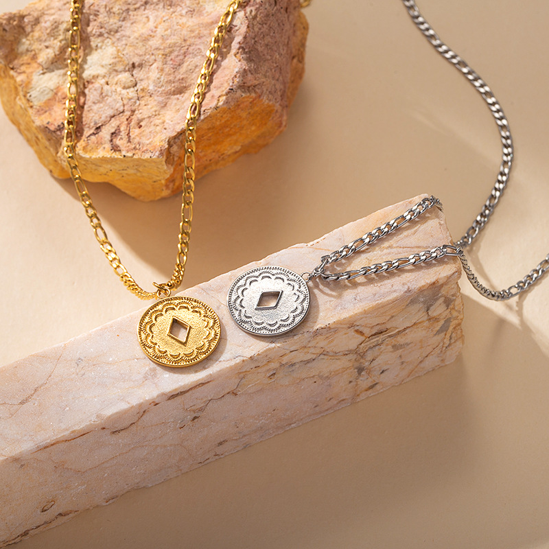 Fashion Hollow-Out Coin Necklace Stainless Steel Link French Retro Circle Pendant Buddhism Inspired Light Luxury Collarbone