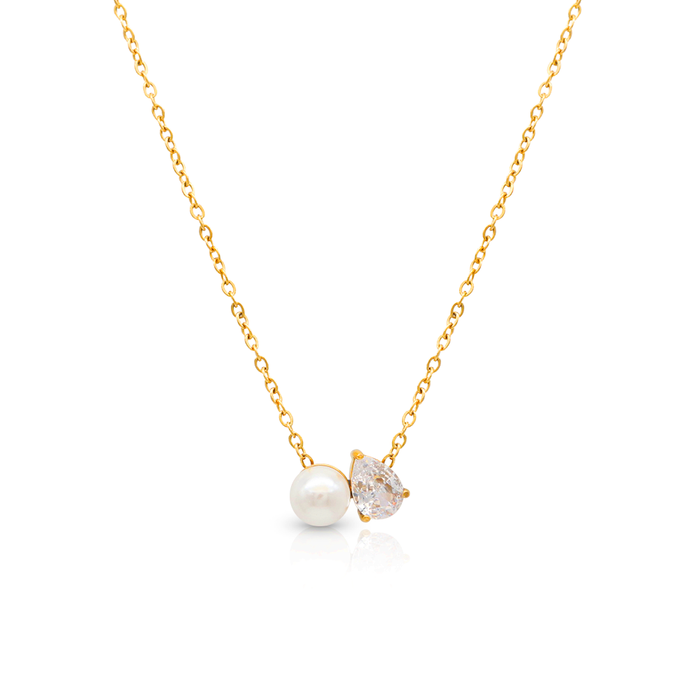 Fashion Jewelry 316L Stainless Steel  Gold Plated Water Drop Teardrop Pearl Zircon Pendant Necklace