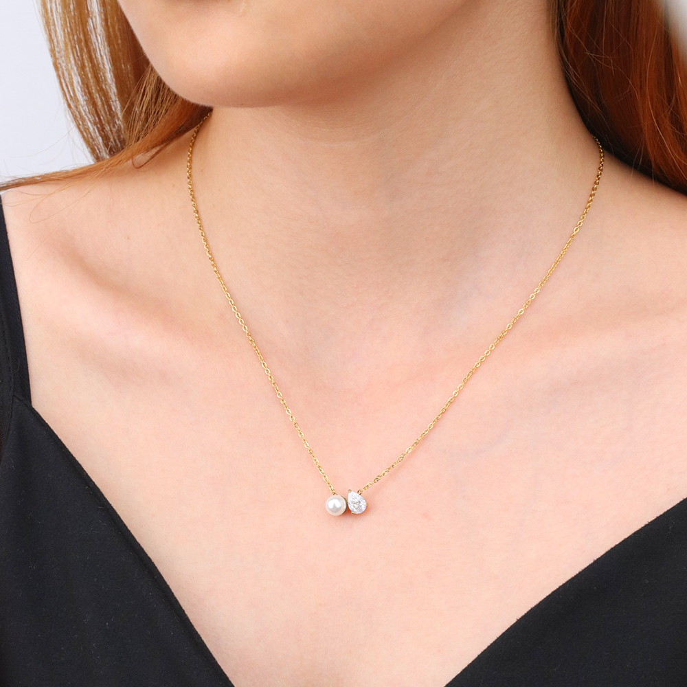 Fashion Jewelry 316L Stainless Steel  Gold Plated Water Drop Teardrop Pearl Zircon Pendant Necklace