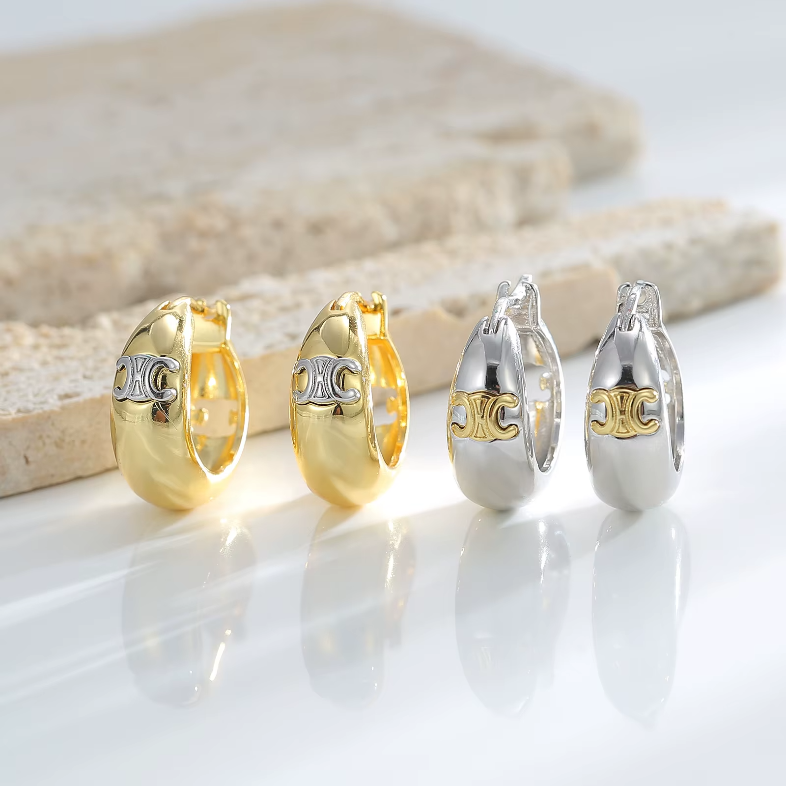 Fashion Jewelry Brand Chunky Zirconia Custom Hoop Earrings Brass Plated Gold Hoop Earrings