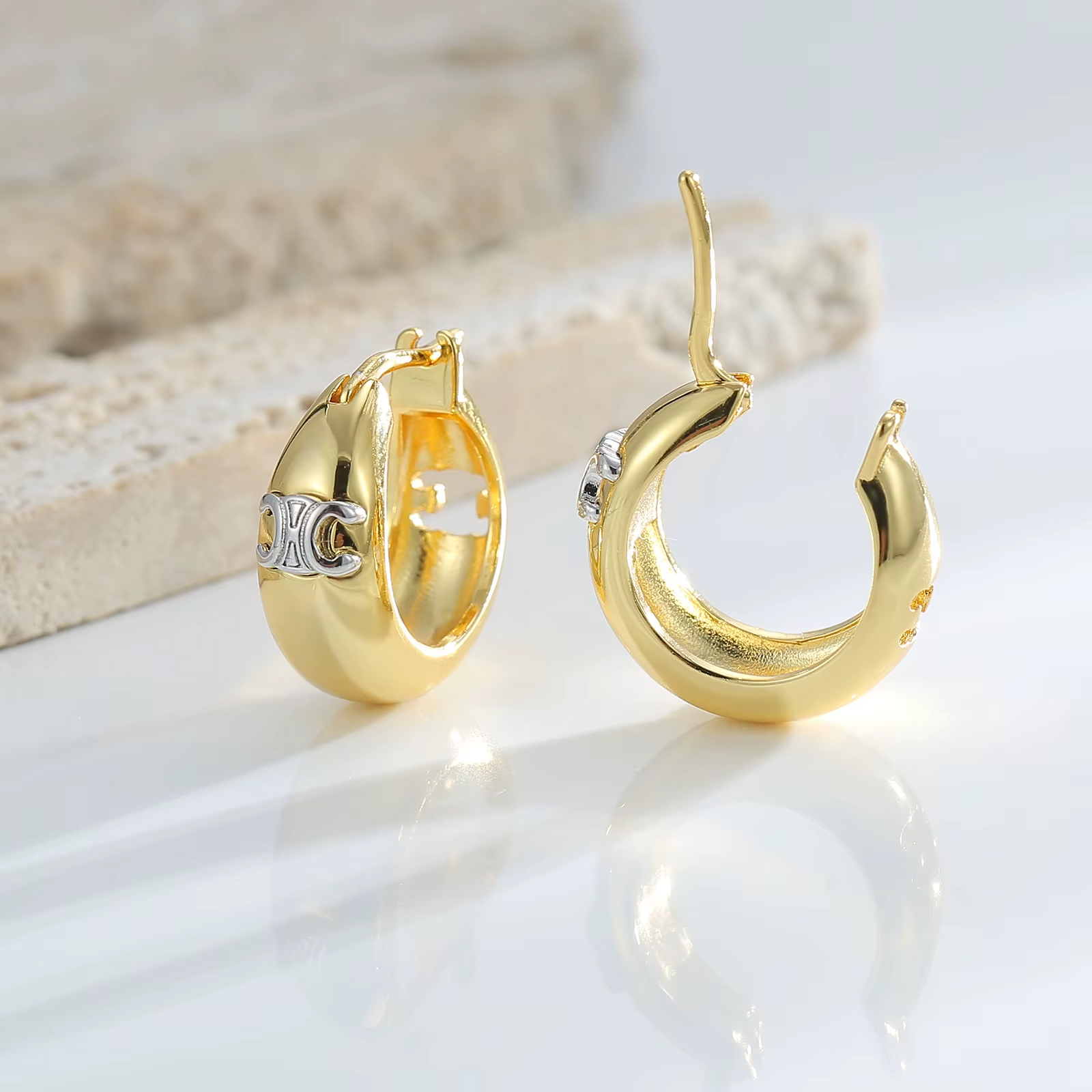 Fashion Jewelry Brand Chunky Zirconia Custom Hoop Earrings Brass Plated Gold Hoop Earrings