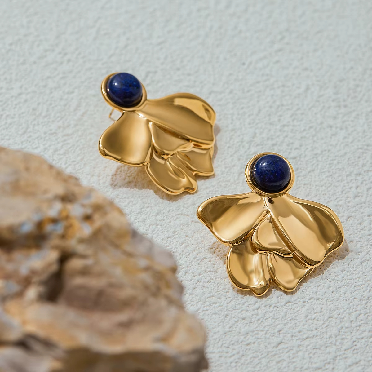 Fashion Jewelry Earrings High Quality Stainless Steel Chunky Earrings 18k Gold Plated Fashion Lapis Lazuli Stone Stud Earrings