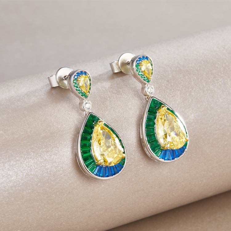 Fashion Jewelry Earrings Women Yellow Cubic Zirconia 925 Silver Drop Earrings