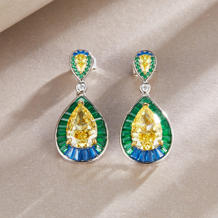 Fashion Jewelry Earrings Women Yellow Cubic Zirconia 925 Silver Drop Earrings