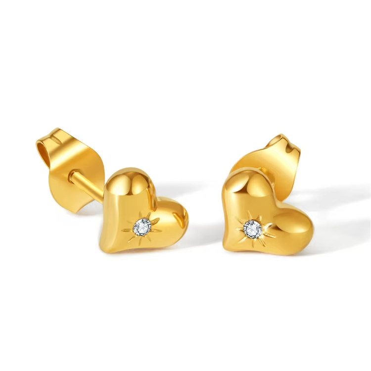 Fashion Jewelry Stainless Steel White Crystal Zircon Gold Heart Studs Earrings for Women