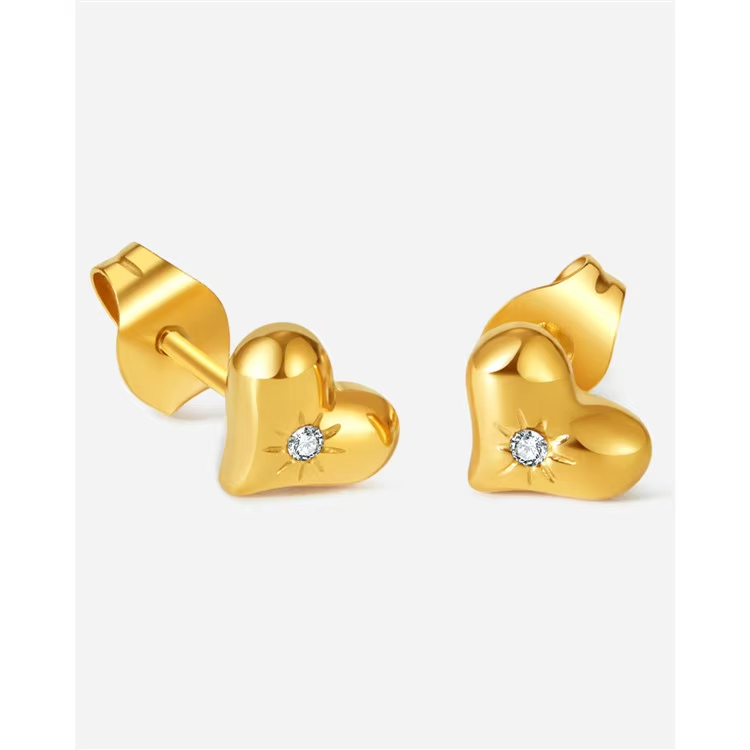 Fashion Jewelry Stainless Steel White Crystal Zircon Gold Heart Studs Earrings for Women