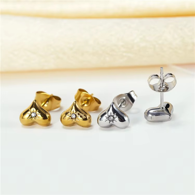 Fashion Jewelry Stainless Steel White Crystal Zircon Gold Heart Studs Earrings for Women