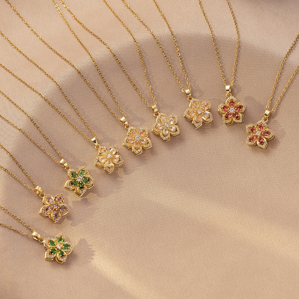 Fashion Link Chain Necklace Spinning Flower Copper Pendant with Zirconia Ladies' Accessory Set Brass Jewelry