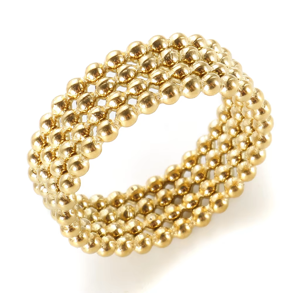 Fashion Mesh Interlocking Men Gold Plated Stainless Steel Irregular Twist Multi Layer Full Pave Ball Bead Ring