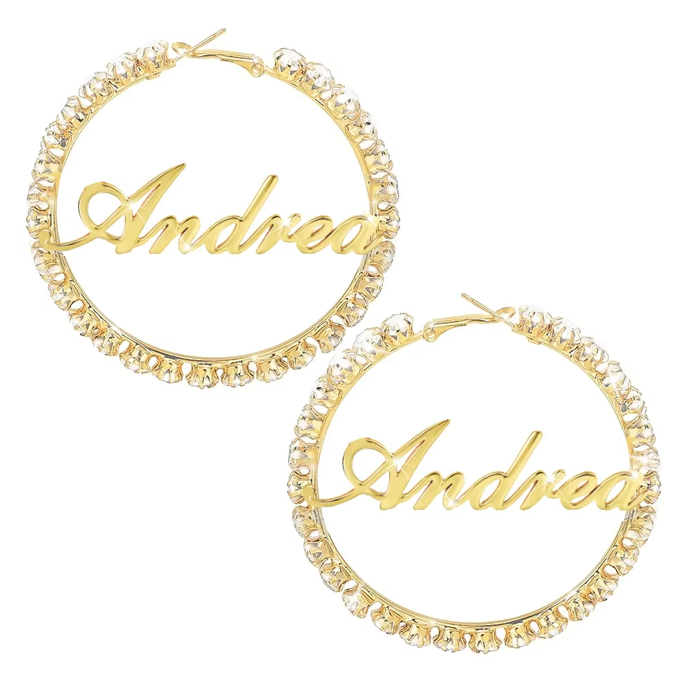 Fashion Stainless Steel Custom Letters Hoop Earrings Trendy Large Diamond Rhinestones Personalized Women Jewelry pop Accessories
