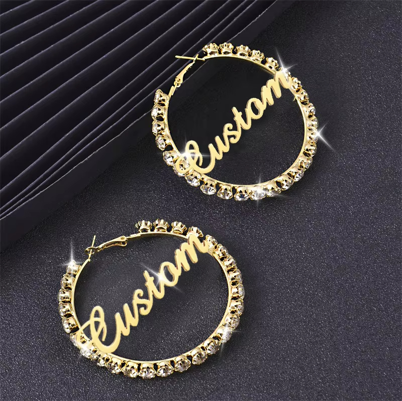 Fashion Stainless Steel Custom Letters Hoop Earrings Trendy Large Diamond Rhinestones Personalized Women Jewelry pop Accessories