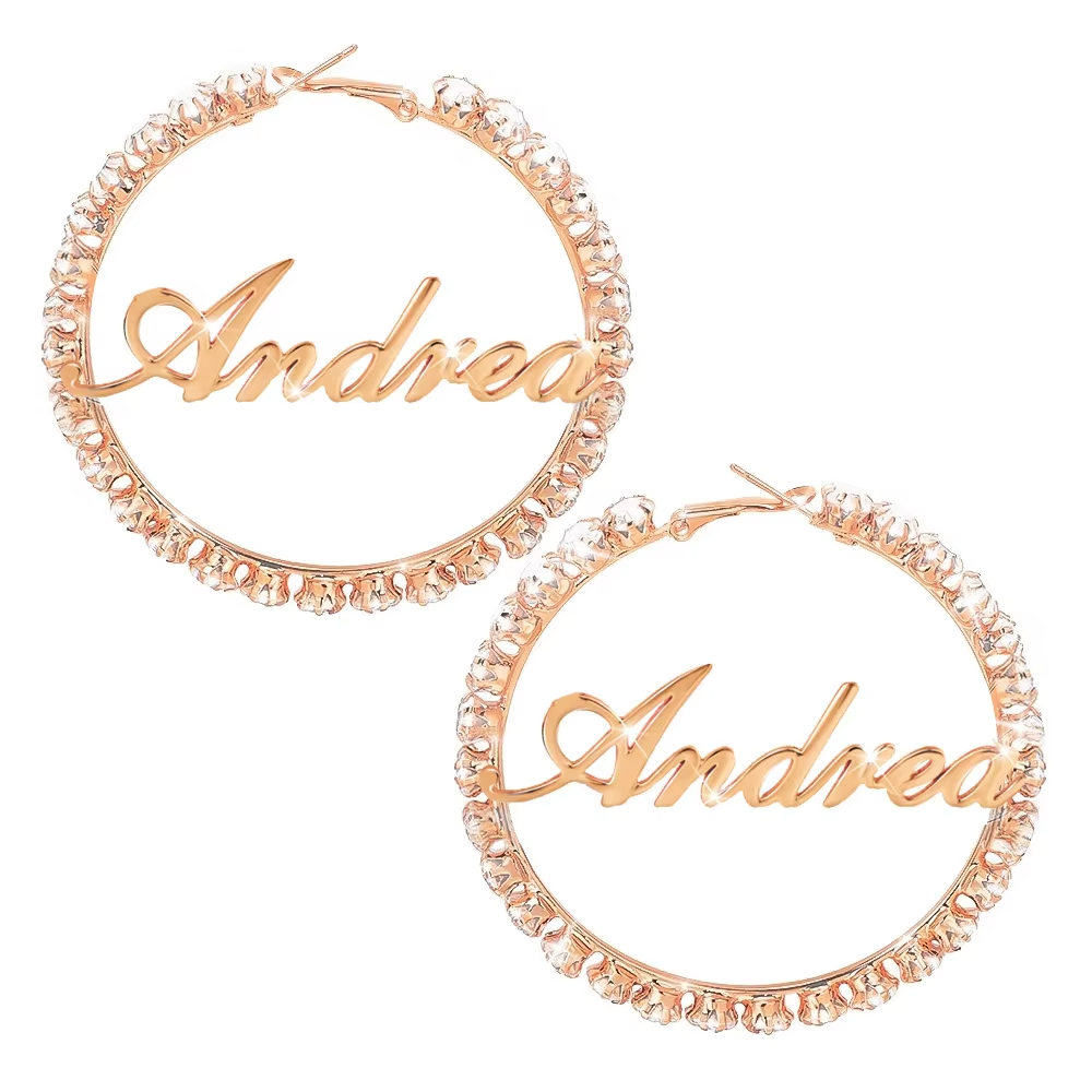 Fashion Stainless Steel Custom Letters Hoop Earrings Trendy Large Diamond Rhinestones Personalized Women Jewelry pop Accessories