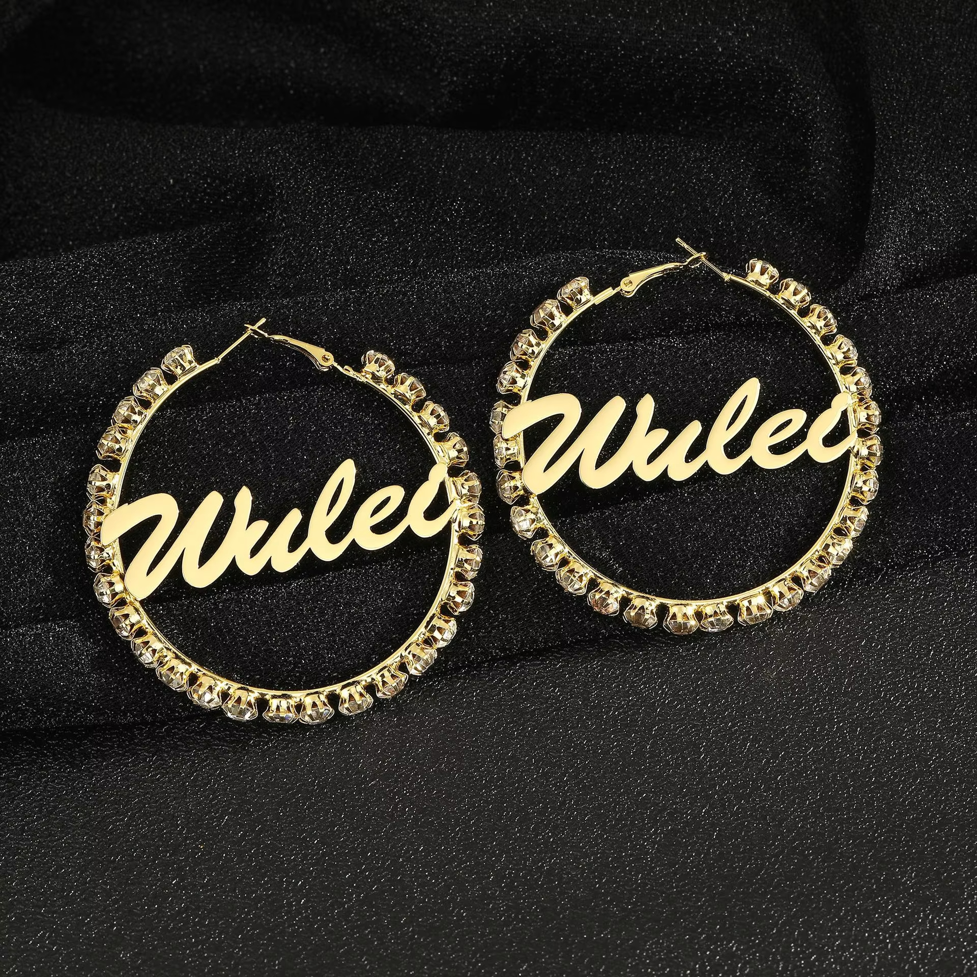 Fashion Stainless Steel Custom Letters Hoop Earrings Trendy Large Diamond Rhinestones Personalized Women Jewelry pop Accessories
