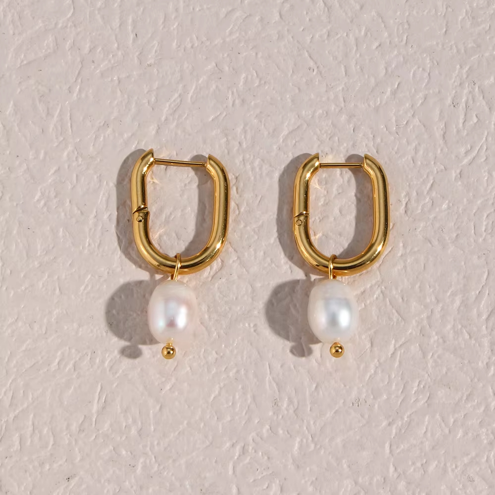 Fashion Temperament Earrings Jewelry Stainless Steel Plated 18K Gold U-shaped Earrings with Pearl Pendants Female