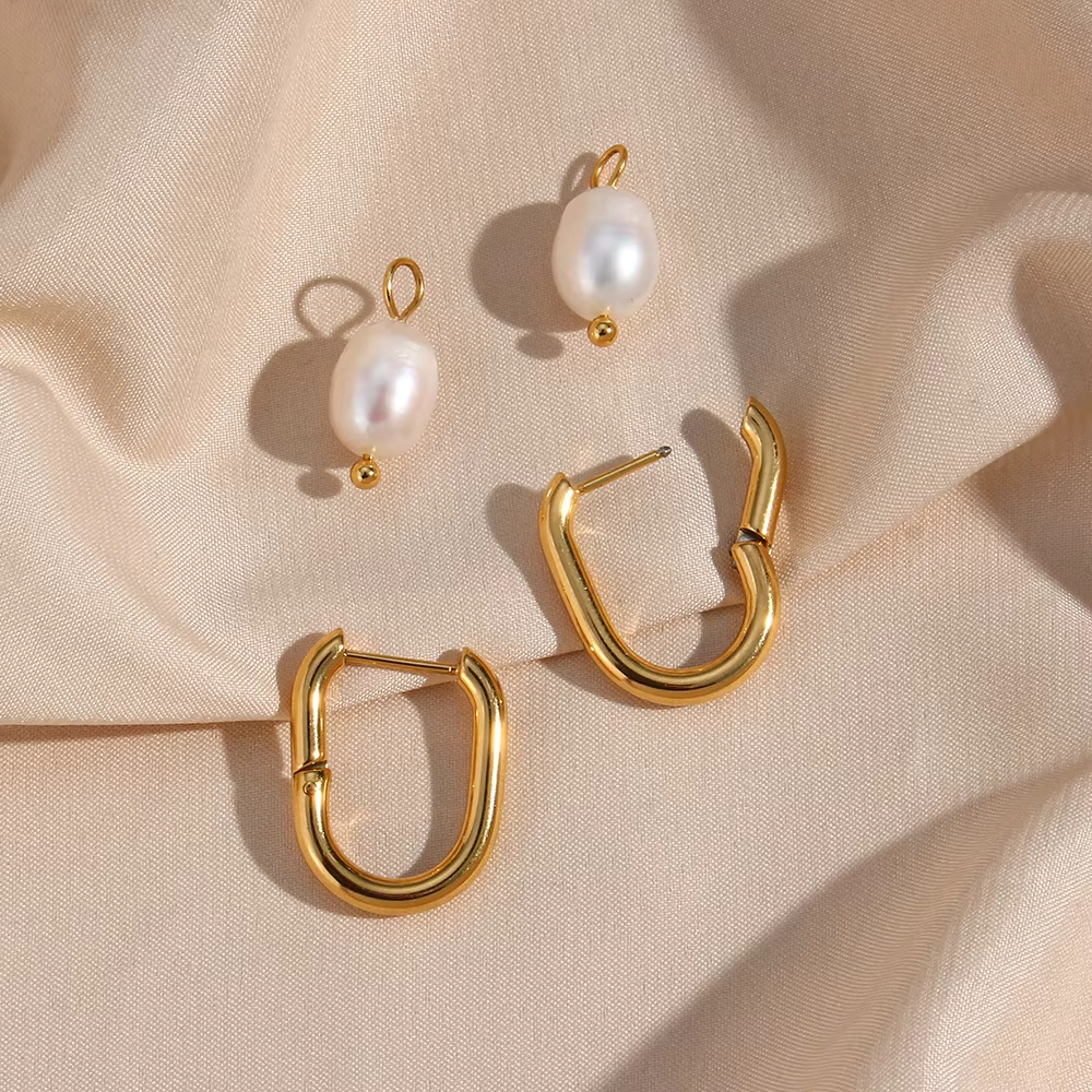 Fashion Temperament Earrings Jewelry Stainless Steel Plated 18K Gold U-shaped Earrings with Pearl Pendants Female