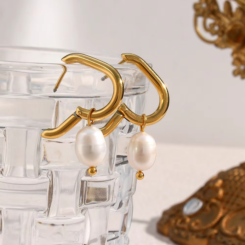 Fashion Temperament Earrings Jewelry Stainless Steel Plated 18K Gold U-shaped Earrings with Pearl Pendants Female