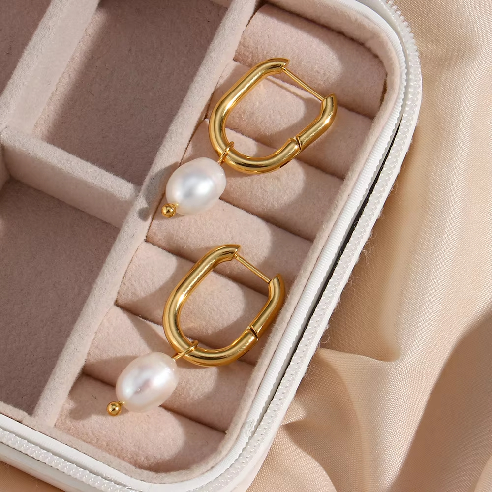 Fashion Temperament Earrings Jewelry Stainless Steel Plated 18K Gold U-shaped Earrings with Pearl Pendants Female