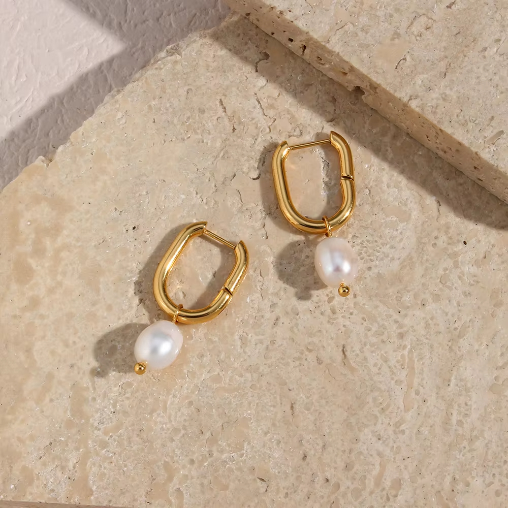 Fashion Temperament Earrings Jewelry Stainless Steel Plated 18K Gold U-shaped Earrings with Pearl Pendants Female