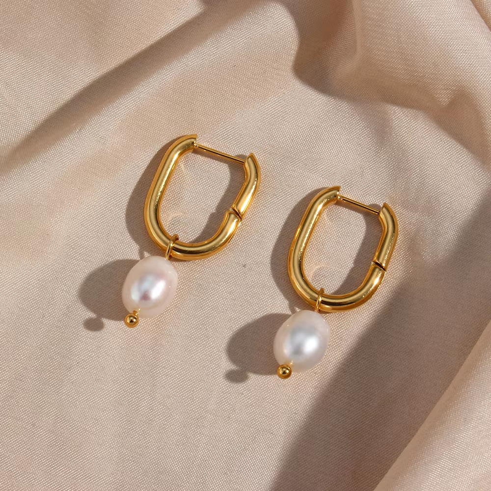 Fashion Temperament Earrings Jewelry Stainless Steel Plated 18K Gold U-shaped Earrings with Pearl Pendants Female
