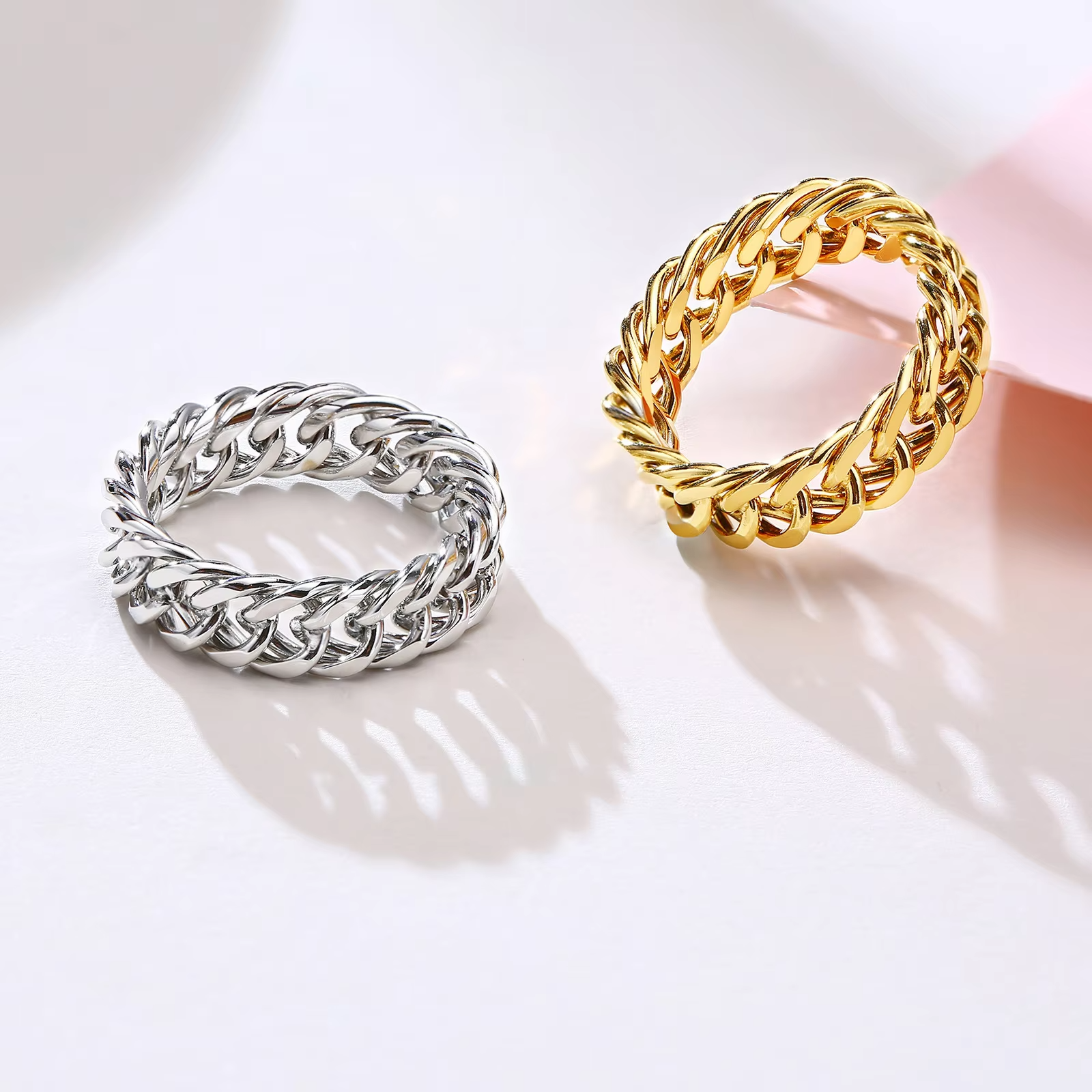 Fashion Trend Cuban Chain Men's Ring – Personalized Hollow Stainless Steel Ring in Gold and Silver