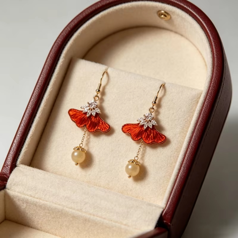 Fashion Trendy Yellow Pink Purple Ginkgo Drop Earrings Soft Silk Zircon Stone & Yellow Topaz for Women