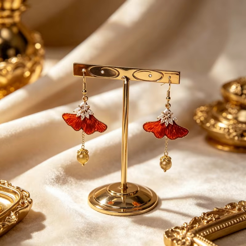 Fashion Trendy Yellow Pink Purple Ginkgo Drop Earrings Soft Silk Zircon Stone & Yellow Topaz for Women