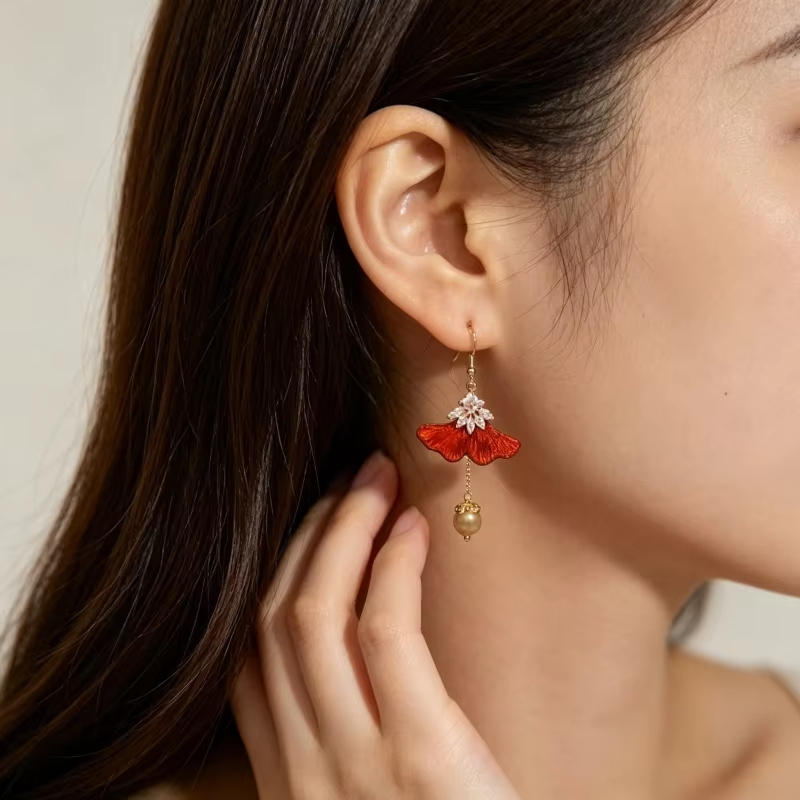 Fashion Trendy Yellow Pink Purple Ginkgo Drop Earrings Soft Silk Zircon Stone & Yellow Topaz for Women