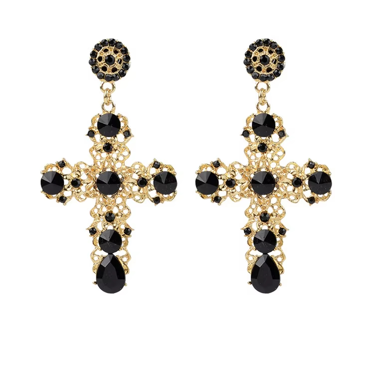 Fashion Vintage Gold Luxury Crystal Rhinestone Cross Drop Earrings for Women Large Long Earrings Bridal Wedding Jewelry