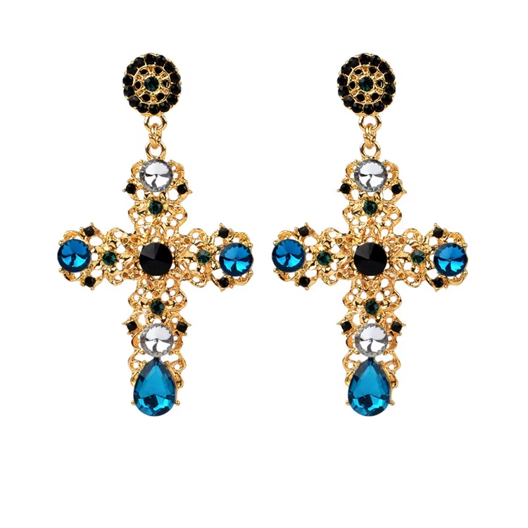 Fashion Vintage Gold Luxury Crystal Rhinestone Cross Drop Earrings for Women Large Long Earrings Bridal Wedding Jewelry
