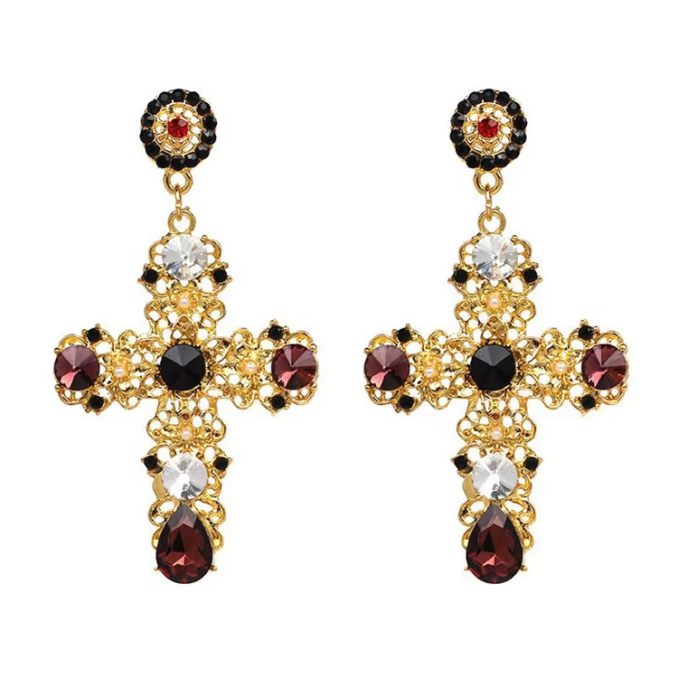 Fashion Vintage Gold Luxury Crystal Rhinestone Cross Drop Earrings for Women Large Long Earrings Bridal Wedding Jewelry