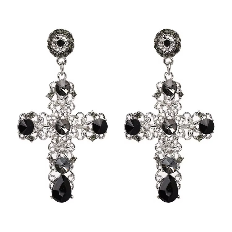 Fashion Vintage Gold Luxury Crystal Rhinestone Cross Drop Earrings for Women Large Long Earrings Bridal Wedding Jewelry