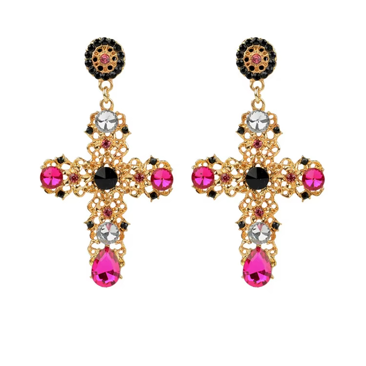 Fashion Vintage Gold Luxury Crystal Rhinestone Cross Drop Earrings for Women Large Long Earrings Bridal Wedding Jewelry