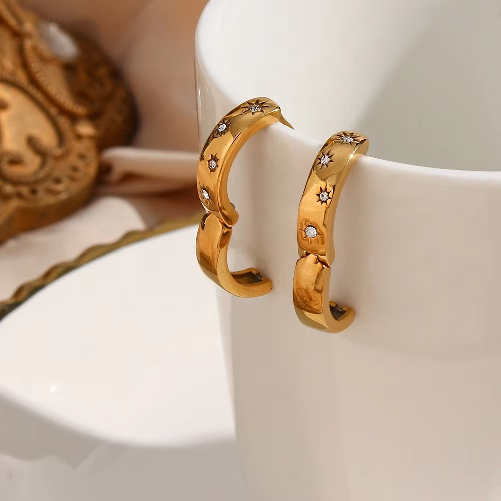 Fashionable and Luxurious Stainless Steel Small Sun Zircon Design Earrings, High-end and Romantic Jewelry