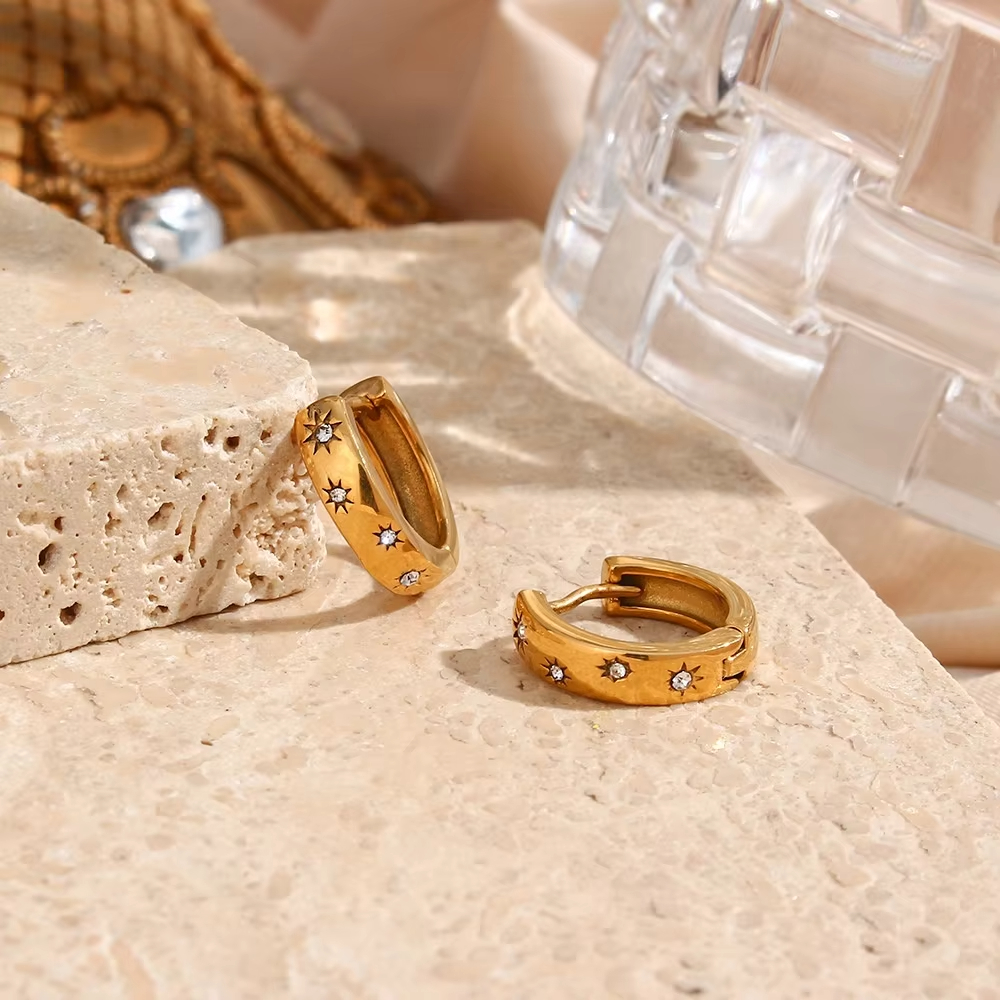 Fashionable and Luxurious Stainless Steel Small Sun Zircon Design Earrings, High-end and Romantic Jewelry