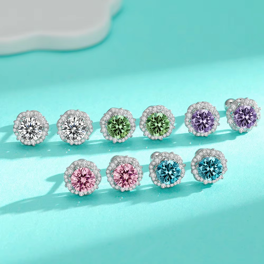 Fast Shipping Hip Hop Unisex 925 Sterling Silver Color 1Ct Moissanite Earrings for Men and Women Flower Round Moissanite Earring